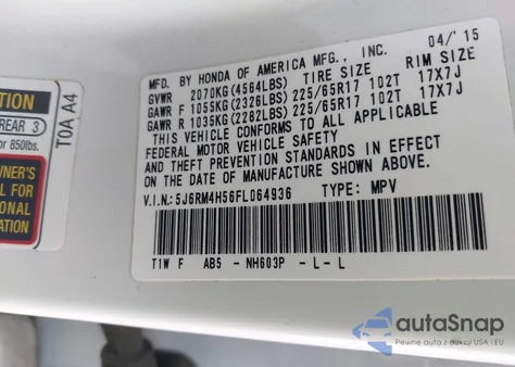 2015 Honda Cr-V Ex from USA, damaged, VIN 5J6RM4H56FL064936